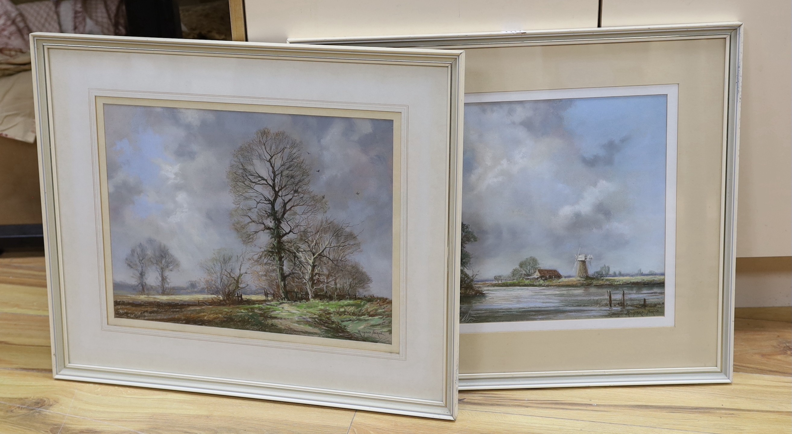 Richard Tearoe (20th C.), pair of pastels, 'Break in the clouds' and 'Windmill in a landscape', signed, 33 x 43cm